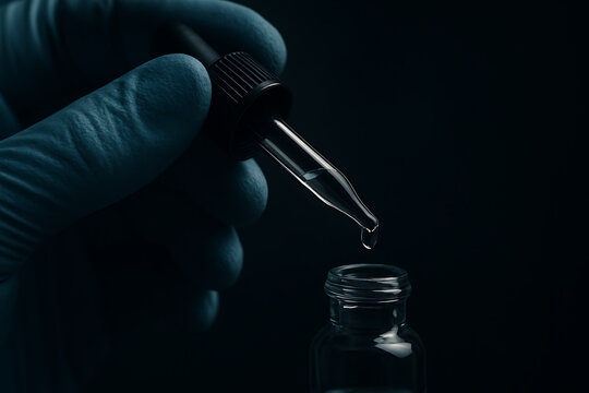 A close-up, low-light image of a gloved hand holding a glass dropper above a small vial, capturing a single droplet suspended at the tip in a dramatic, clinical atmosphere.