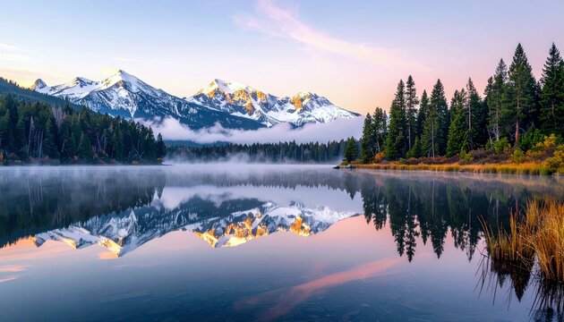 A breathtaking sunrise illuminates snow-capped mountains and a dense pine forest, with mist rising from a tranquil lake that perfectly mirrors the majestic scen - Powered by Adobe