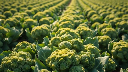 calabrese. Agricultural field of mature Calabrese broccoli with dense green florets under sunlight. public awareness campaigns.