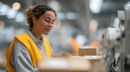 A young woman working in a warehouse. she is wearing a yellow safety vest and a grey shirt. she has curly hair and is looking down at a cardboard box on a conveyor belt.