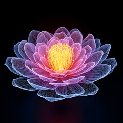 Abstract digital lotus flower with glowing petals on a black backdrop