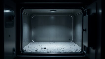 Obraz premium vault. Open, empty safe with dust inside, dim light on metallic surfaces. pitch deck slides, case study pages, designed for enterprise HRIS and productivity software interfaces.