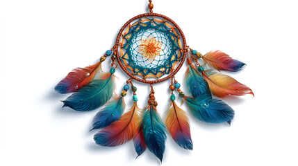 Vivid dreamcatcher displays intricate weaving and colorful feathers against bright backdrop, ideal for spiritual, bohemian, or cultural designs.