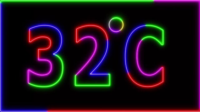 Neon 32&deg;C temperature display showing on black background. Weather temperature displays by degree, climate change, Scientific designs.