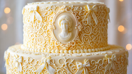 Rococo ornate wedding cake with intricate lace-like design  and cameo decoration in elegant indoor setting for luxury event promotions, trendy ornate cake design. menu, recipe, confectionery