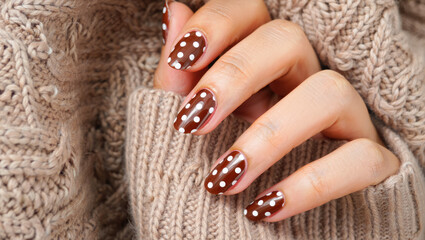 Brown nails with polka dot design, cozy knit sweater background, stylish autumn fashion, modern manicure trends, for beauty and fashion industry, fashion magazine, beauty blog, nail art tutorial