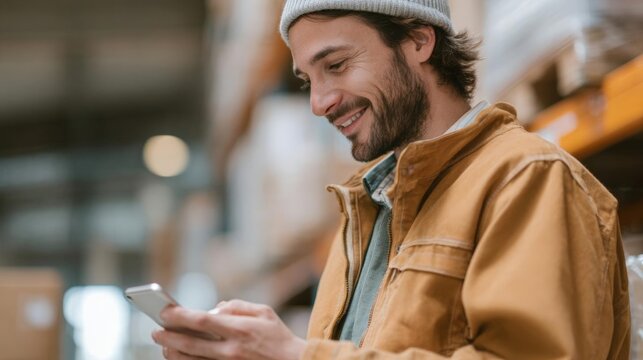 Young man in a warehouse, wearing a beige beanie and a brown jacket. he is holding a smartphone in his hands and appears to be looking at it with a smile on his face. - Powered by Adobe