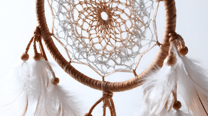 Beige dreamcatcher shows intricate web with feathers. Great for branding, social media, posters.