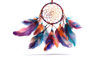 Dreamy multicolored artwork shows a vibrant dreamcatcher with feathers. For mystical themes, wall art, or invitations.
