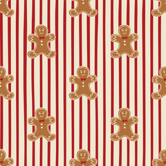 Christmas gingerbread cookies striped seamless pattern. Tasty winter festive decoration, print, wallpaper, cozy Xmas retro print, wrapping paper, fabric, textile design. Vector illustration.