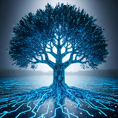 Digital tree with glowing roots and branches on dark background