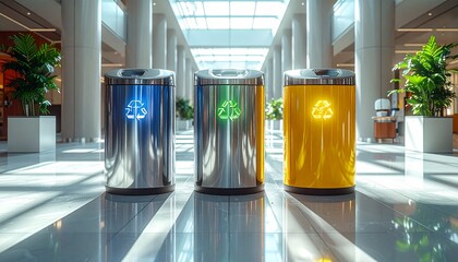 Three recycling bins with illuminated symbols arranged in a modern, bright, and spacious interior hallway.