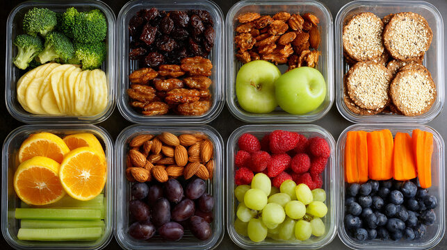 Overhead shot of eight clear containers filled with various healthy snacks and food items neatly arranged christmas and happy new year background
