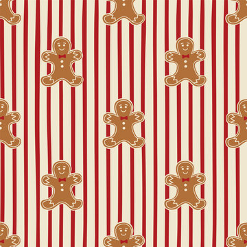 Christmas gingerbread cookies striped seamless pattern. Tasty winter festive decoration, print, wallpaper, cozy Xmas retro print, wrapping paper, fabric, textile design. Vector illustration.