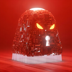 A menacing robot head with glowing eyes and a keyhole mouth