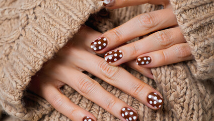 Trendy Polka dot nail art on hands in cozy knitted sweater design for winter fashion beauty content. fashion magazine, beauty blog, nail art tutorial, winter style inspiration, cozy fashion setting