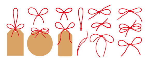 Set of empty Christmas tag with bow and ribbon. Kraft paper label, element for gift tied up with cotton red rope bakers twine. Packing string for decoration, present. Flat Isolated vector EPS10