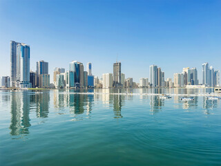 Naklejka premium View from Al Majaz Corniche in Sharjah, UAE, featuring a calm waterfront and the modern skyline in the distance, a clean cityscape with soft light, simple geometry, and a calming, balanced atmosphere.