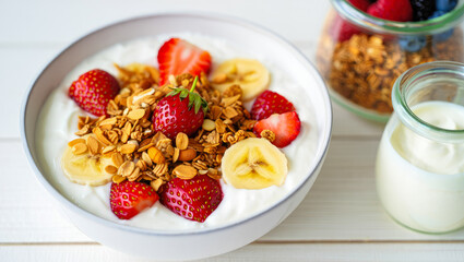 Healthy high protein breakfast with greek yogurt, fresh fruits, and granola in a bowl on a white table, suitable for food blogs, nutrition articles, and healthy lifestyle promotions, high protein food