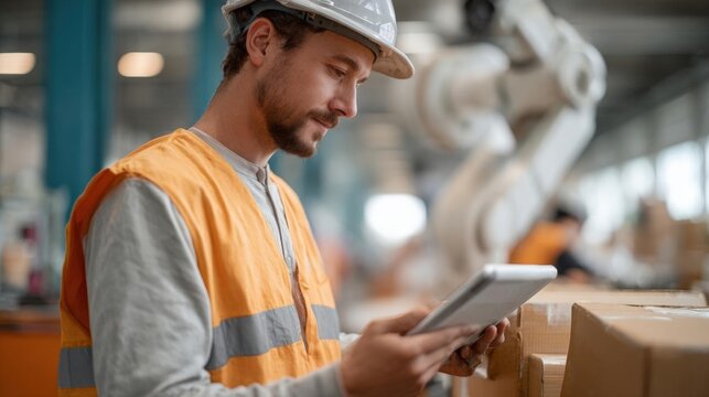 A man wearing a white hard hat and an orange safety vest. he is standing in a warehouse and is holding a tablet in his hands. the man appears to be focused on the tablet screen.