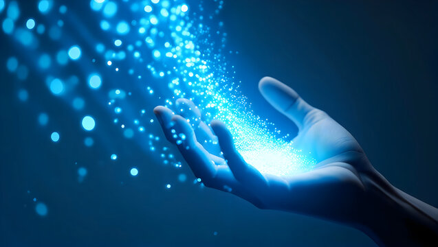 hand with digital shimmering particles in blue tech lighting, blue data streams, future, power, magical, technology, hologram, ai, sci-fi, virtual reality, communication, science, innovation, network,