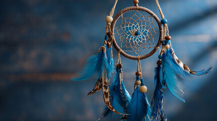 Blue dreamcatcher shows woven texture with feathers against a textured backdrop. Ideal for backgrounds, poster design, and social media.