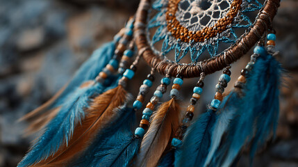 Woven dreamcatcher has a handmade, artsy style. Feathers and beads add detailed texture. Perfect for spiritual branding, ethnic designs, or poster art.