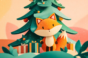 Adorable fox character is positioned near a festive Christmas tree adorned with ornaments and gifts, creating a joyful holiday scene