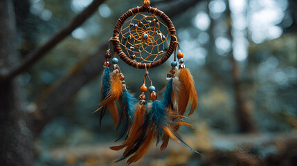 Brown and turquoise dreamcatcher design hangs; provides a mystical, cultural backdrop for spiritual branding, website headers, or peaceful presentations.