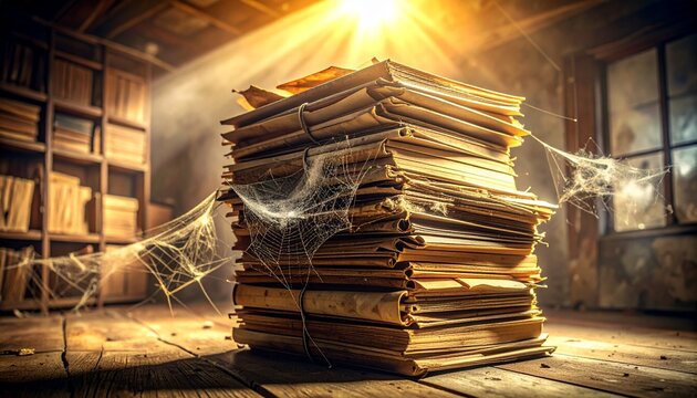 Sunlight illuminates a dusty stack of old books in a dimly lit, cobweb-covered attic.