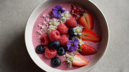 A top view of a smoothie bowl with berries and edible flowers in a speckled ceramic bowl on a table