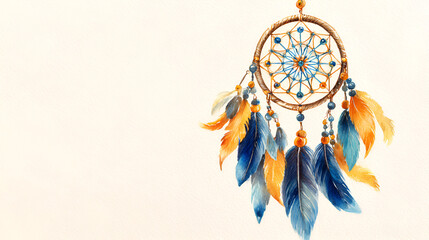 Watercolor Dreamcatcher on Cream Paper Creates Soft Backdrop. Perfect for spiritual branding, card templates, and bohemian-themed posters.