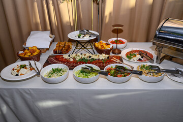 Food on table for celebrities. Appetizer on the table - party
