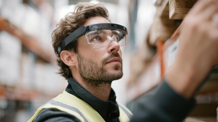 Man wearing a pair of google glass in a warehouse. he is wearing a yellow high visibility vest and has a serious expression on his face.