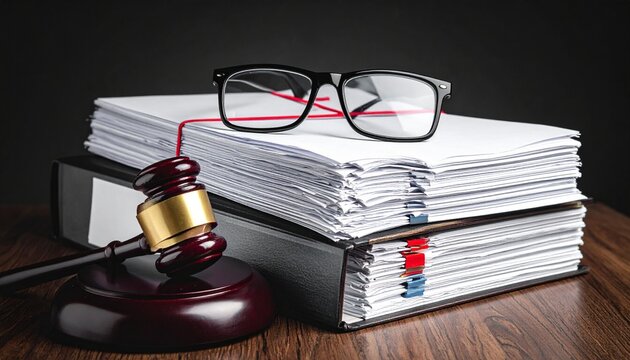 A gavel rests beside stacks of legal documents, with eyeglasses placed on top.