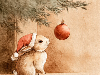 Adorable rabbit in Santa hat is curiously looking at a red Christmas ornament hanging from a tree branch, creating a festive atmosphere