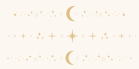 Celestial star moon border, set golden line sparkle divider with moon, simple elegant ornament. Festive shiny space elements. Magic separator, spiritual decoration.