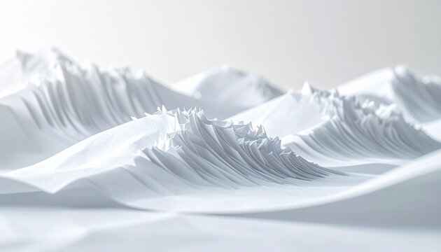Intricate white paper sculptures create a serene, minimalist landscape resembling snowy mountain peaks.