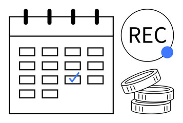 Calendar with marked date and recurring label, symbols of coins. Ideal for payment planning, subscription tracking, finance management, budgeting, income scheduling, saving tools, simple flat