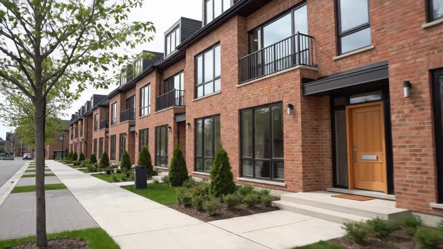 Row of New Brick Townhouses on a Quiet Street in Ontario