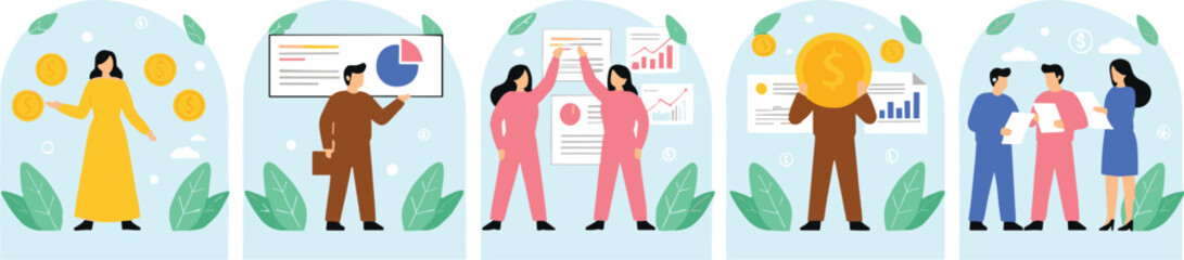 Remote Work Vector Illustration Set: Woman Working on Laptop at Desk, Managing Documents, Data Analysis, Business Planning, and Online Consultation.