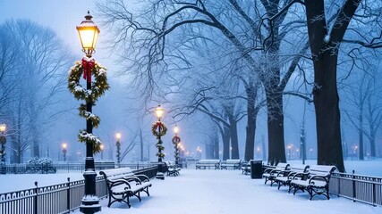 Winter city park landscape with snow covered path and vintage street lamps decorated with Christmas wreaths and red bows in blue misty evening
- Powered by Adobe
