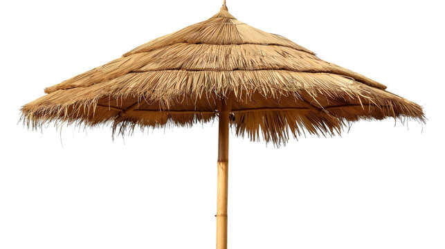 "A beautifully crafted straw beach umbrella, with its textured thatch and sturdy bamboo pole, stands ready to offer refreshing shade and a touch of tropical charm for a perfect sunny getaway." - Powered by Adobe