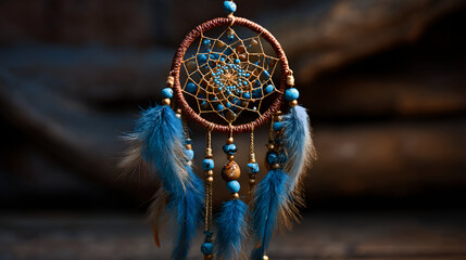 Brown and blue Dreamcatcher with feathers and beads on dark texture background. Perfect for spiritual, tribal, cultural concepts, and print materials.