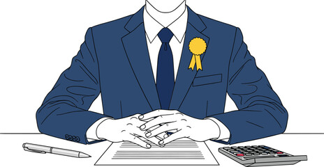 Successful Business Executive in Suit with Gold Award Ribbon, Sitting at Desk with Contract and Calculator, Symbolizing Achievement, Authority, and Agreement Signing Vector.