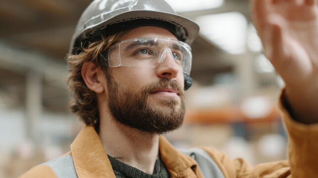 Man wearing a hard hat and safety goggles. he has a beard and is wearing a yellow jacket. he is standing in a warehouse or industrial setting with shelves and machinery in the background.