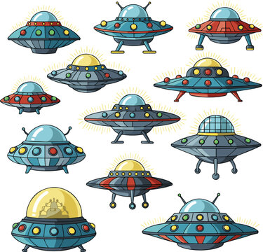 Create a kinds of deferent Retro toy flying saucer ufo with lights vector art with white background.