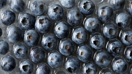 A close up shot of fresh blueberries covered in water droplets on a clear surface, top down view