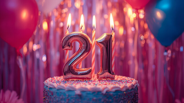 Happy 21st birthday cake with candles and number balloons