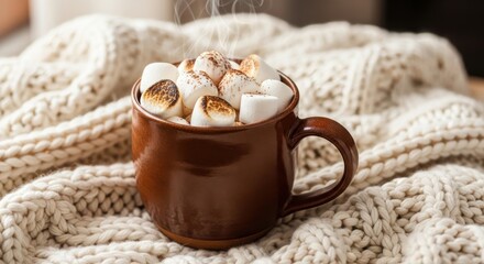 Hot chocolate with marshmallows in ceramic cup on cozy knitted blanket